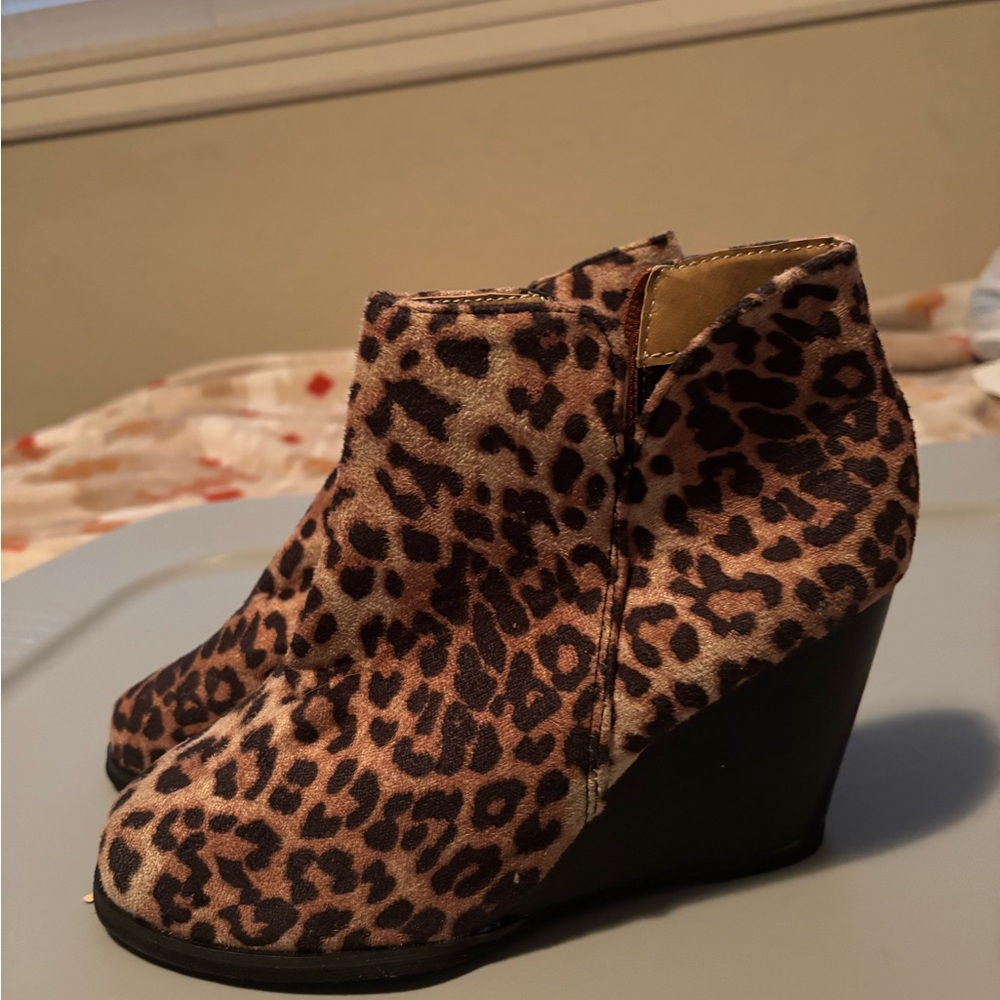 Leopard Print Wedge Ankle Boots
